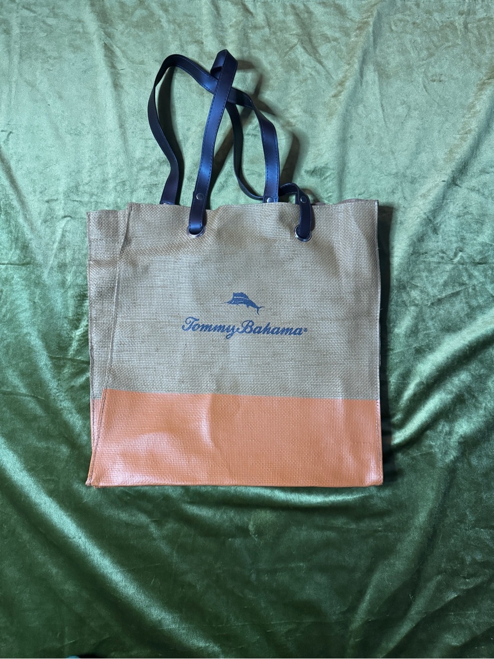 Tommy Bahama Natural and Orange Canvas Tote with Black Handles
